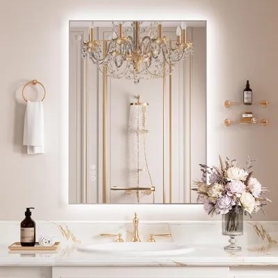 Image de Miroir de salle de bain éclairé, dimensions 60x80 cm, cadre argenté, 3 couleurs de lumière, variateur d'intensité, anti-buée