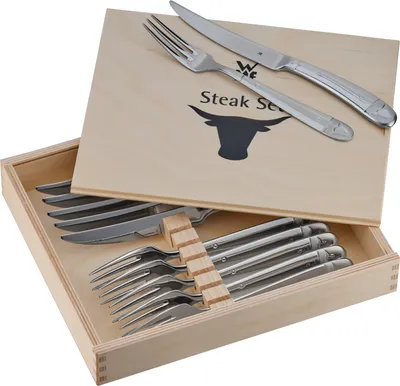 Produktbild von WMF Steakbesteck 12-teilig, Steakbesteck Set für 6 Personen, Steakmesser Set, Steakgabel, Cromargan Edelstahl poliert, Grillbesteck in Holzkiste