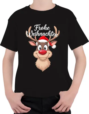 Produktbild von Frohe Weihnachten Rentier Rudolf Weihnachtsmütze Lustig Cartoon Uni Kinder T-Shirt, Schwarz, 140