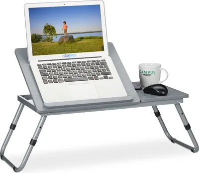 Produktbild von Relaxdays Laptoptisch, höhenverstellbar, Grau, aus MDF & Metall, 44x73x34,5 cm, multifunktional als Betttisch, Lesetisch, Frühstückstablett, mit 2 Arbeitsflächen, 4 Neigungswinkel & Anschlagkante