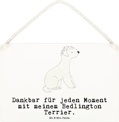 Produktbild von Mr. & Mrs. Panda Schild Bedlington Terrier Moment DIN A6 - Weiß - Geschenk, wandtafel, Wandbild Holz, holzbild, Türschild, Deko