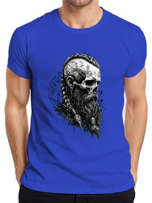 Productafbeelding van Vikings: T-shirt met afbeelding van een schedel, baard, runen, een Noords krijger, Scandinavië, Odin, herenmodel, blauw, maat S