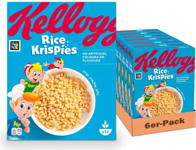Produktbild von Kellogg's Rice Krispies (6 x 360 g) – geröstete Cerealien mit herzhaftem Crunch – knusprig gepuffter Reis für maximalen Frühstücks-Spaß