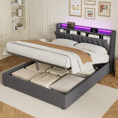 Obrázek produktu pro MODFU Čalouněná postel 160 × 200 Dětská postel s LED světlem a zásuvkami, Boxspring postel s úložným prostorem, šedá (bez matrace)