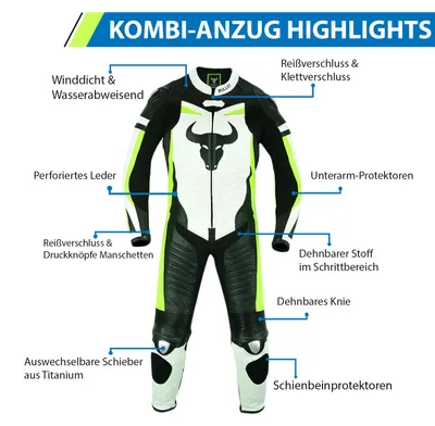 Produktbild von Einteiler Motorradkombi Lederkombi Fluoreszierender aus Rindsleder , Größe:50/M, Farbe:Gelb