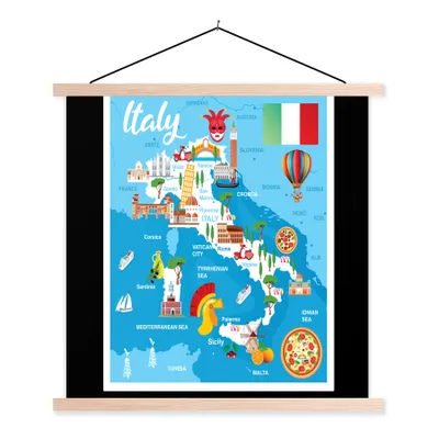 Produktbild von MuchoWow® Textilposter Karte - Italien - Illustration 40x40 cm mit holzfarbenen Rahmen - Posterleiste