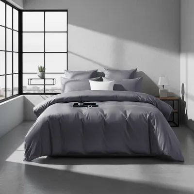 Obrázok produktu pre Sada posteľnej bielizne 220x240 cm, svetlosivá, antracitová, jednofarebná, bavlna, 3-dielna, so zipsom