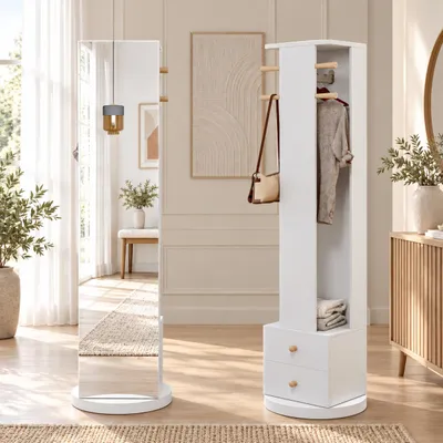Produktbild von INONEFT Ganzkörperspiegel, Standspiegel mit 360° Drehbar mit 2 Schublade und Kleiderbügel, für Schlafzimmer, Wohnzimmer, 160 x 45 cm, Weiß, KI-generiertes Bild