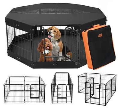 Obrázok produktu pre VEVOR ohrada pre psov, 8 ks panelov s rozmermi 61 x 61 cm, skladateľná kovová ohrada pre šteniatka, ohrada pre psov s dvierkami, taška na prenášanie, horný kryt a podložka, pre psov, mačky a iné malé zvieratá