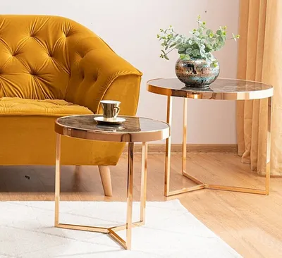 Produktbild von 2er-Set Couchtisch Glastisch Delia 45x45cm 60x60cm Marmor Gold