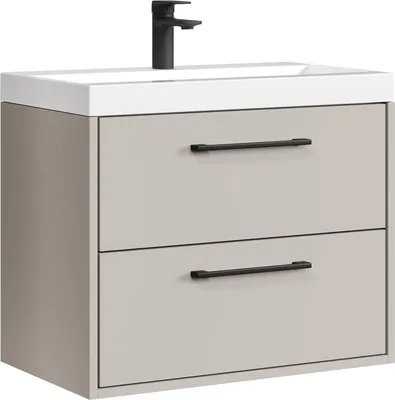 A wall-mounted bathroom vanity with a sink and faucet.