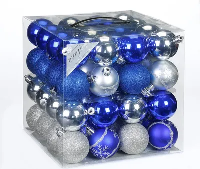 Produktbild von 64x Kunststoff Christbaumkugeln Ø 6cm Kugel Box Glanz Glitzer Matt Dekor Inge inkl. Aufhänger, Farbe:Blau-Silber