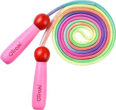 Immagine prodotto di Corda per saltare arcobaleno regolabile per bambini con manici in legno - Rosa e 2,5 m