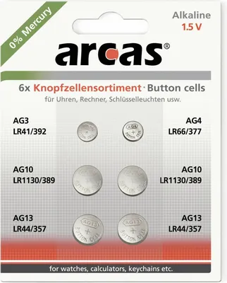 Produktbild von Arcas Knopfzellensortiment 6-teilig AG Alkaline Knopfzellen 1,5V (1x AG3 / 1x AG4 / 2x AG10 / 2x AG13) 127 50600