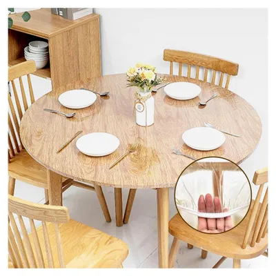Produktbild von Runde Tischdecke, Wasserdicht, PVC, Elastischer Rand mit Flanellrückseite, Abwischbar für Outdoor, Party, Picknick, 101-111 (Transparent)