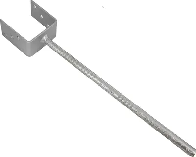 A metal U-shaped post support with a long metal stake attached, isolated on a white background.