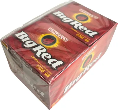 A close-up, slightly angled view of a multi-pack of Wrigley's Big Red gum sticks, wrapped in clear plastic.