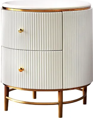 Produktbild von Casa Padrino Luxus Beistelltisch Weiß / Messingfarben / Gold Ø 50 x H. 58 cm - Runder Nachttisch mit 2 Schubladen - Moderne Möbel