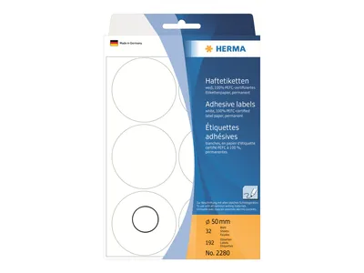 Obrázek produktu pro HERMA papír - matný - permanentní lepidlo - bílý - kulatý 50 mm 192 štítků (32 listů x 6)