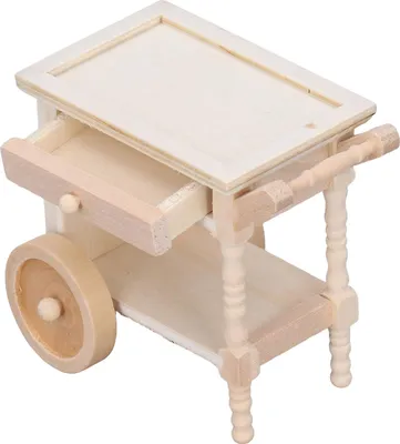 Productafbeelding van Mini-eetwagen van hout, realistisch, ongeschilderd, met retro-ornamenten, miniatuur-voedselserver voor poppenhuizen in de schaal 1/12