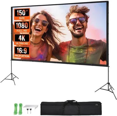 Obrázek produktu pro Projektor - 150" HD 4K - Venkovní interiérové plátno - Skládací stojan - Přenosné filmové plátno 16:9 - Domácí kino Camping - Černá barva