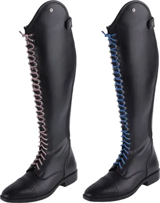 Two black riding boots with different colored laces, displayed side-by-side against a white background.