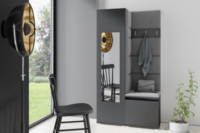 Produktbild von Garderoben-Set "Iga", Moderner Kleiderschrank mit Polsterplatten und Schuhschrank – Ideal für Flur und Eingangsbereich (Graphit, Trinity 15)