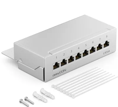 Produktbild von deleyCON CAT 6a Patchpanel Verteilerfeld 8 Port - Desktop & Wandmontage Geschirmt 8x RJ45 Buchse - TIA568A TIA568B - Lichtgrau