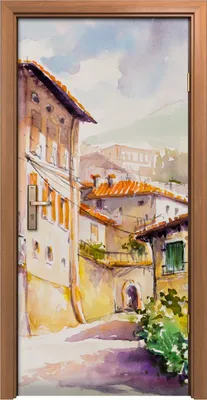 Produktbild von Türposter 90x200 cm Türaufkleber Türtapete Türfolie Klebefolie Himmel buntes Dorf Straßenhäuser