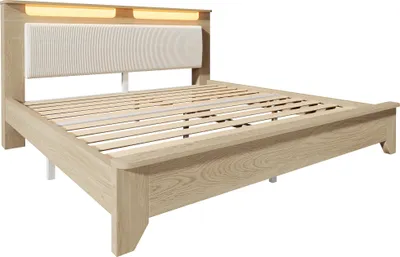 Obrázek produktu pro okwish Manželská postel 160×200 cm s čelem, dřevěná postel s čalouněným čelem z manšestru, světlý dub, úložná postel, mládežnická postel s LED osvětlením (bez matrace a lavice)