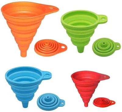 Produktbild von Unyqoos® Faltbare Silikon-Trichter 4er-Set, lebensmittelecht & BPA‑frei, geruchstral, spülmaschinenfest – 11 cm, 8 cm, 7,5 cm & 7 cm, platzsparend für Küche & Haushalt