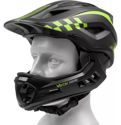 Obrázek produktu pro Cyklistická přilba Vayox Enduro VA0421BS, nastavitelná od 48 do 52 cm – velikost S – s odnímatelným chráničem brady – černá/zelená