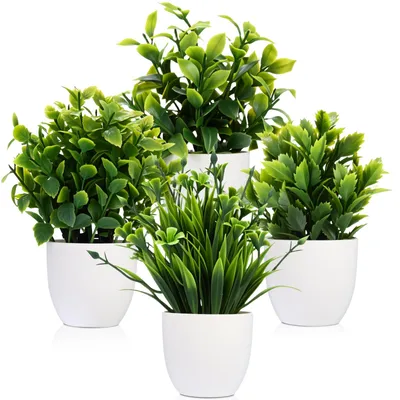 Kunstpflanzen 4er-Set, Plastikpflanzen mit weißen Töpfen, 16-18 cm