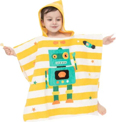 Produktbild von Badetuch mit Kapuze für Kinder 100% Baumwolle Ultraweich und super süß für Reisen, Bad, Strand und Pool, Roboter