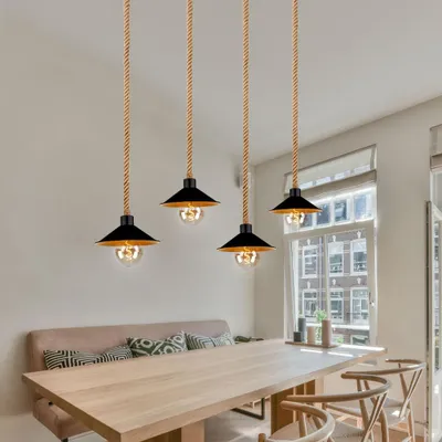 Produktbild von Pendelleuchte, Hanfseil, schwarz, gold,4-flammig, H 170 cm