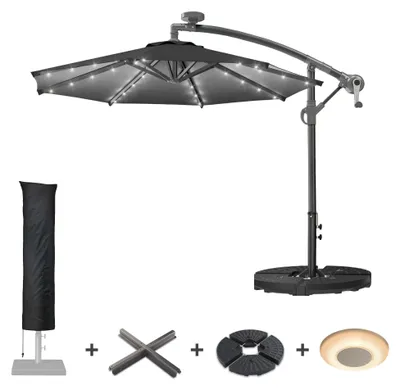 Produktbild von SUNSET | Sonnenschirm | Rund | Ø 300 cm | Schwarz | LED | +Ständer & Hülle | Sonnenschirm, Gartenschirm, Ampelschirm, Balkonschirm
