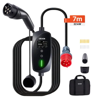 Produktbild von VEVOR Tragbares EV-Ladegerät Typ 2, 16A 3,7 kW, Elektrofahrzeug Ladegerät mit 8,6 m Ladekabel CEE 7/7 Stecker LCD-Bildschirm, IEC 62196 Heim-EV-Ladestation mit Tragetasche Ladekabel-Haken, IP66, 22 KW-a, 7 m