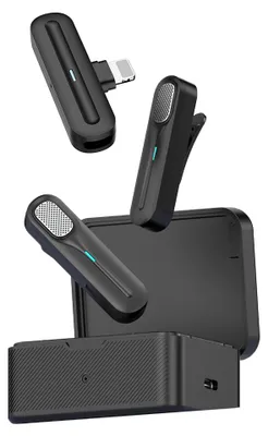 Zdjęcie produktu dla bezprzewodowy system mikrofonowy lavalier 2,4 GHz, mikrofon przypinany, zasięg transmisji 20 m, tłumienie szumów, z odbiornikiem + 2 nadajnikami + ładowarką + 1 kablem adaptera, kompatybilny z iPhone'ami, smartfonami, tabletami, komputerami do YouTube/wywiadów/vlogów/vedio/streamingu na żywo