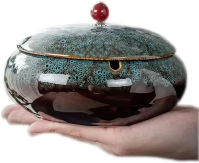 Produktbild von Winddichter Keramik-Aschenbecher mit Deckel Blau 14.5cm - Innen und Außenbereich, Raucher, Dekoration
