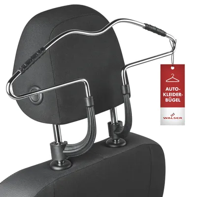 A car coat hanger attached to the headrest of a car seat.