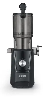 A product shot of a black and gray slow juicer on a white background.