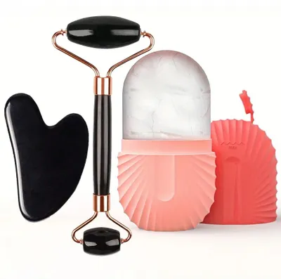 Image de Rouleau de massage pour le visage, appareil de massage pour le visage, ensemble de soins pour la peau, coffret de 3 pièces, couleur rose