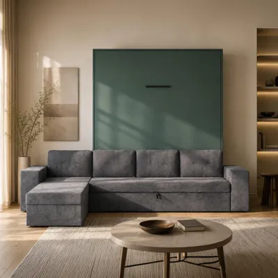 Produktbild von SMARTBett Schrankbett mit Ecksofa M3 Vertikal 160x200 Steingrün