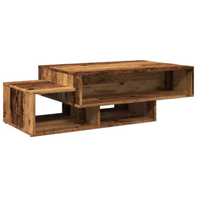 A wooden coffee table with multiple shelves, shown against a white background.