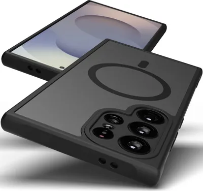 A black phone case with a magnetic ring is shown on a white background.