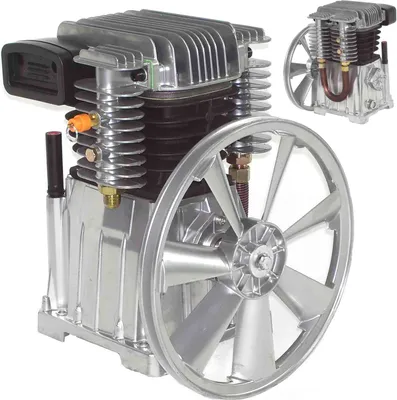 A close-up studio shot of an air compressor pump unit with a large fan attached.