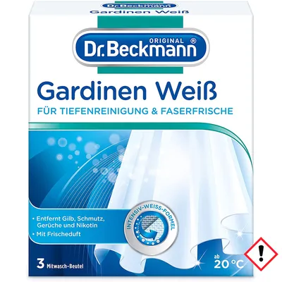 The image shows the packaging of Dr. Beckmann Gardinen Weiß, a product for cleaning curtains.