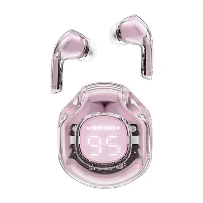A pair of pink transparent wireless earbuds and their charging case are displayed against a white background.
