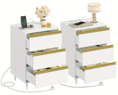 Imagen del producto de Conjunto de 2 mesitas de noche, modernas, con 3 cajones y patas desmontables, ideales para el dormitorio