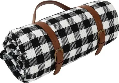 Obrázek produktu pro Plážová podložka pro kempování v přírodě, odolná proti vlhkosti, s koženými úložnými popruhy, 150 x 200 cm, černobílá kostkovaná barva